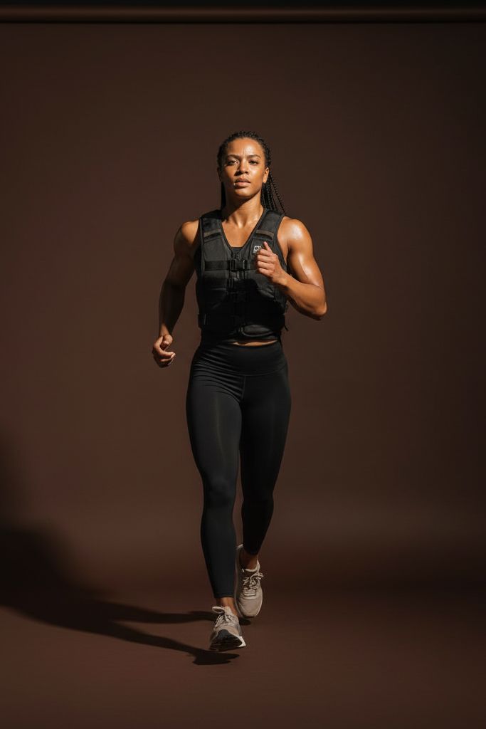 Woman jogging outdoors wearing black adjustable weighted vest