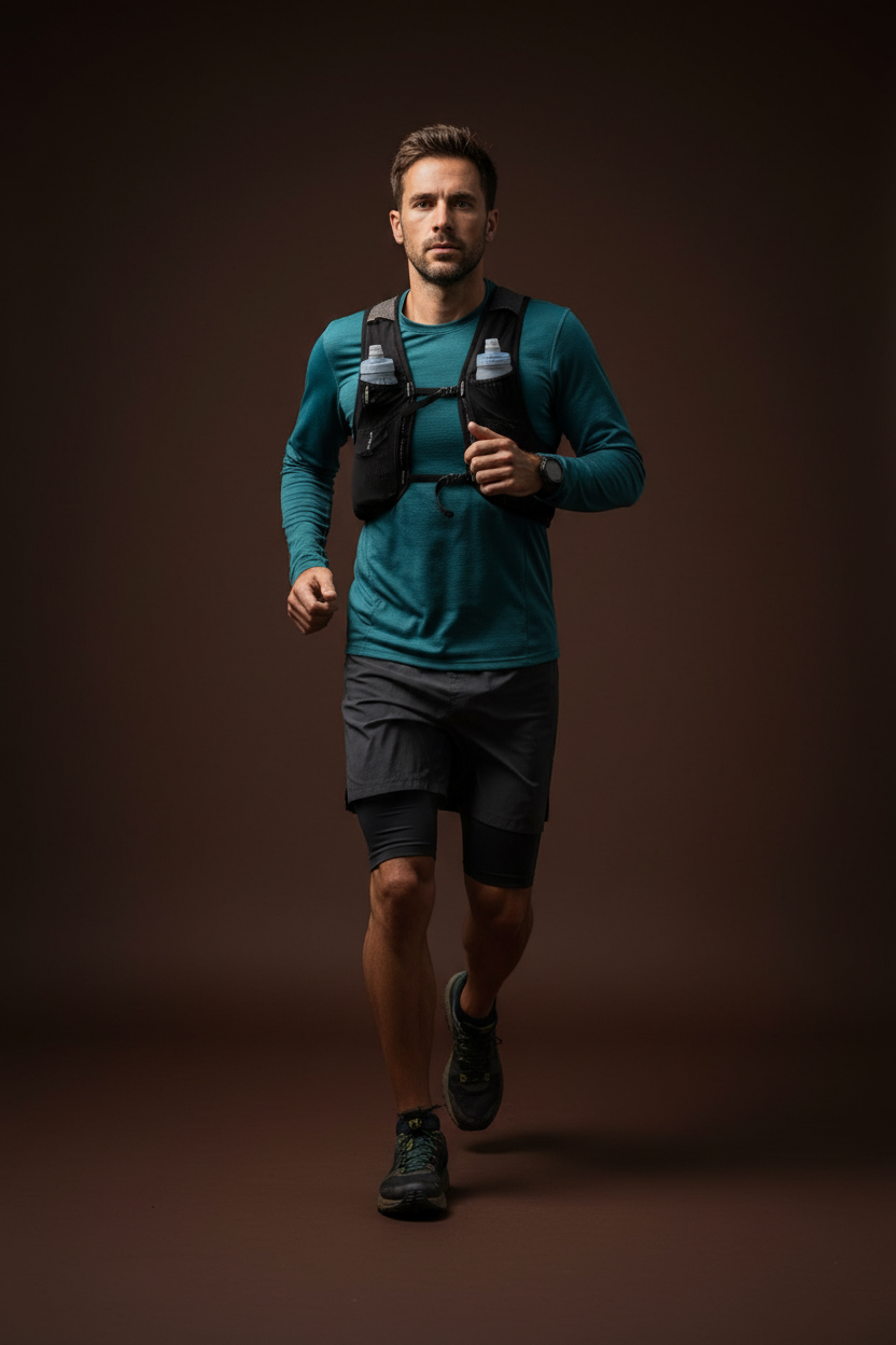 Male runner on trail wearing hydration running vest with water bottles