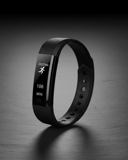 Black activity tracker with a narrow digital display