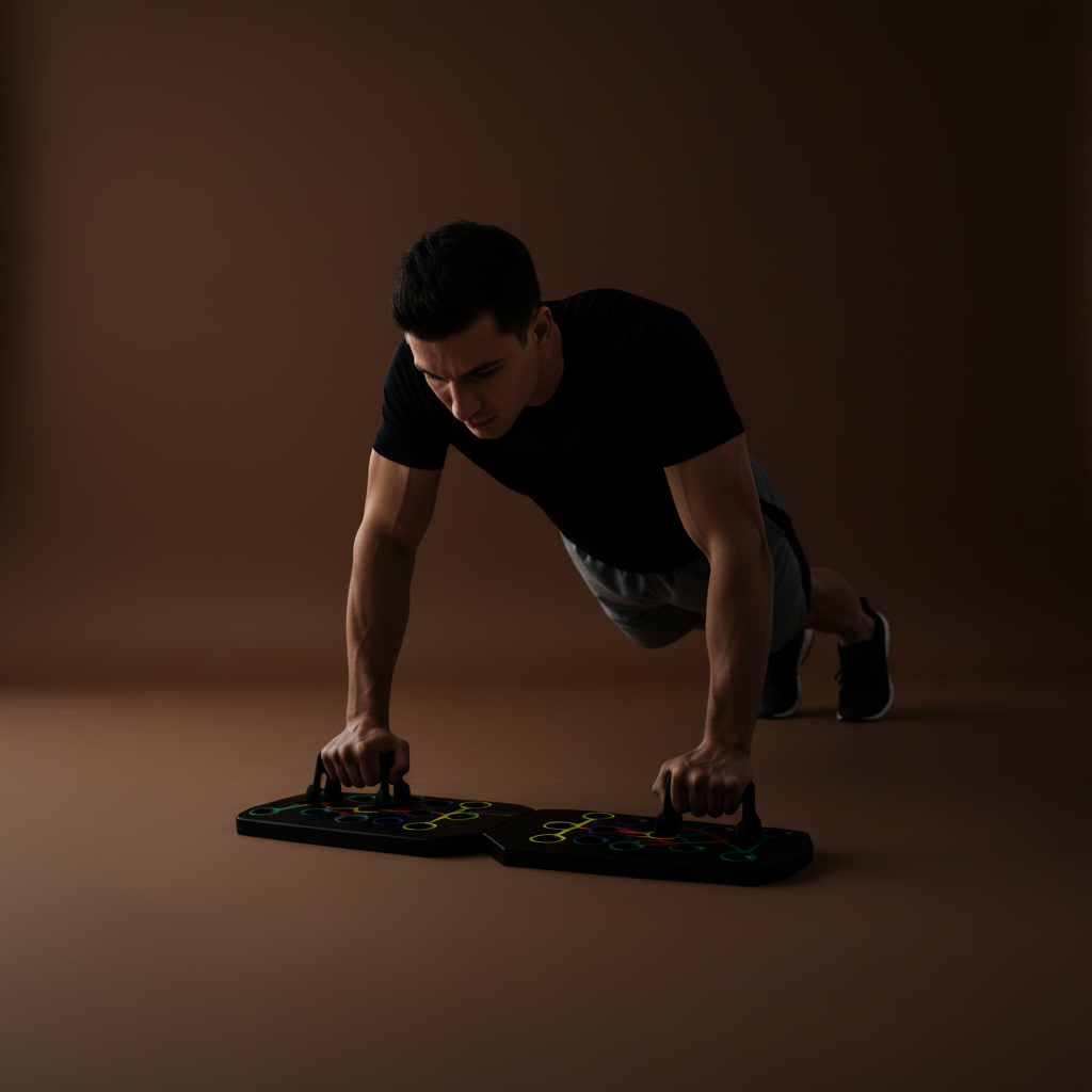 Fit man doing push-ups on colour-coded foldable push-up board in home gym