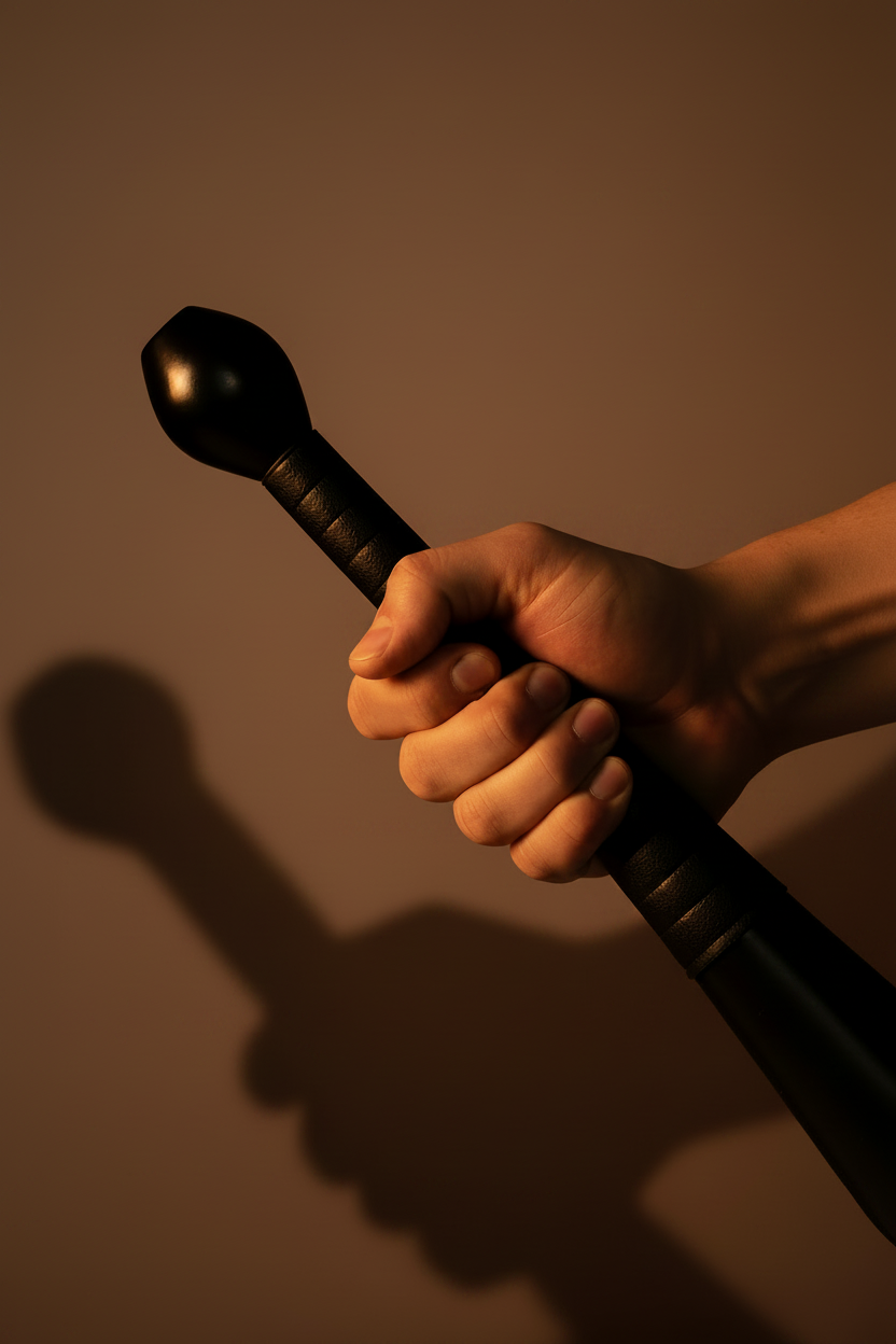 Close-up of hand gripping steel Indian club handle