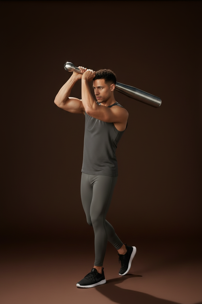 Athlete swinging steel Indian club for shoulder training