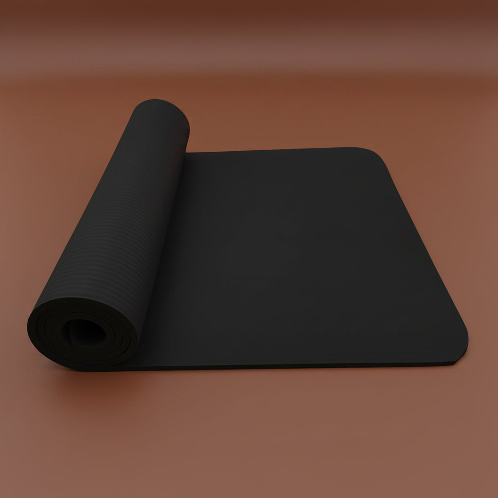 Black yoga fitness mat, rolled product shot