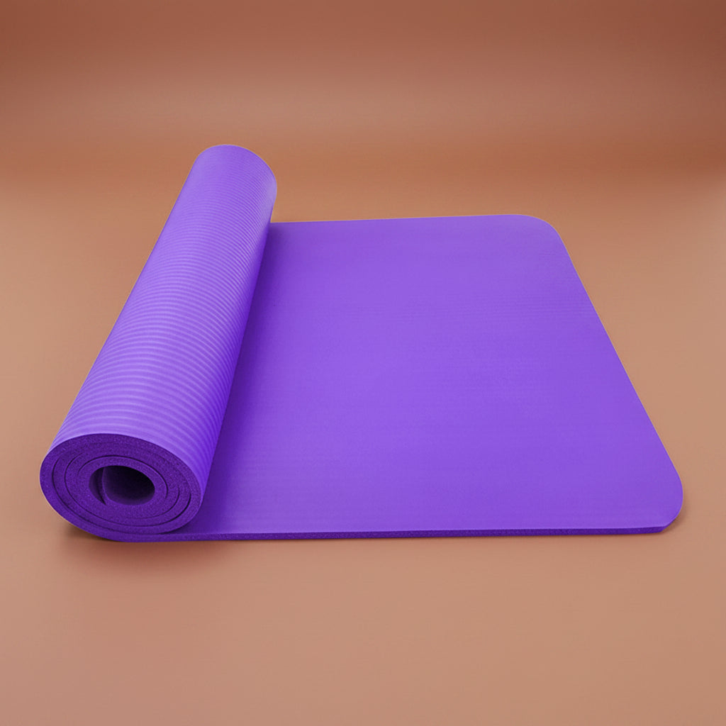 Purple non-slip yoga mat, rolled