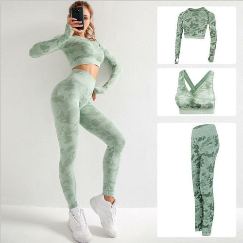 3-piece camo seamless yoga and gym set for women - full product view