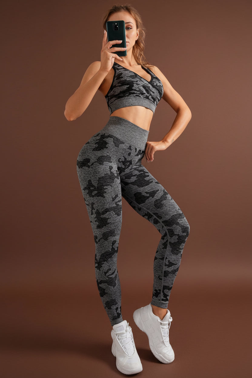 Woman wearing camo seamless yoga set, front view