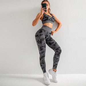 Women's camo seamless yoga set - top, leggings and shorts