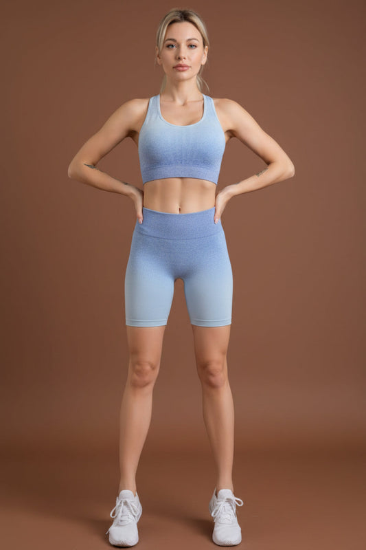 Blue gradient yoga tracksuit set, standing pose