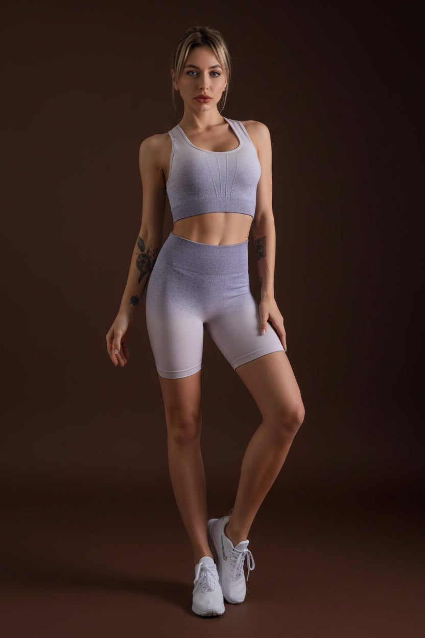 Purple gradient yoga set, full body walking pose