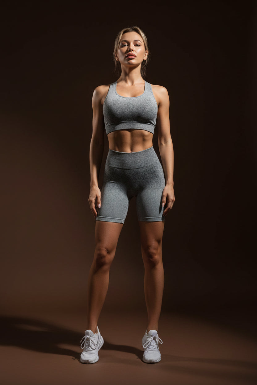 Grey gradient two-piece activewear set on model