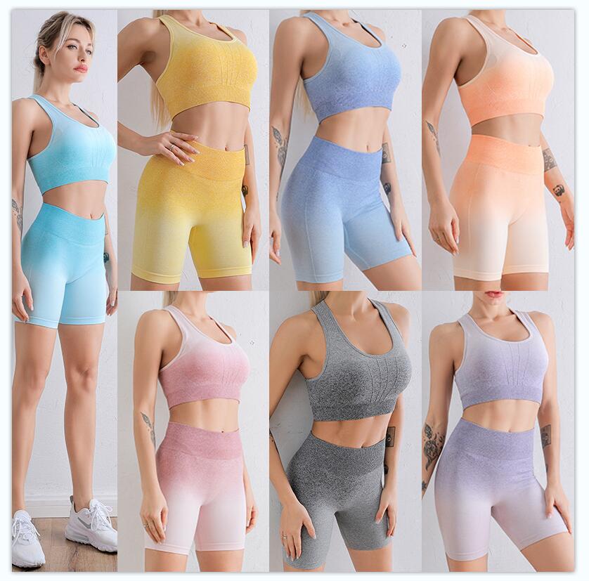 Gradient yoga sets in yellow, blue, and purple colorways
