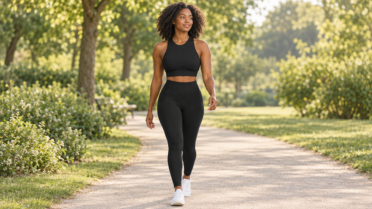 AI-created walking lifestyle image based on the black FlowFit activewear set